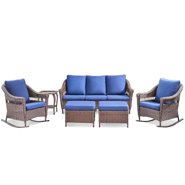 6-Piece Brown Wicker Outdoor Rocking Chair Patio Conversation Set Outdoor Couch Set with Blue Cushions