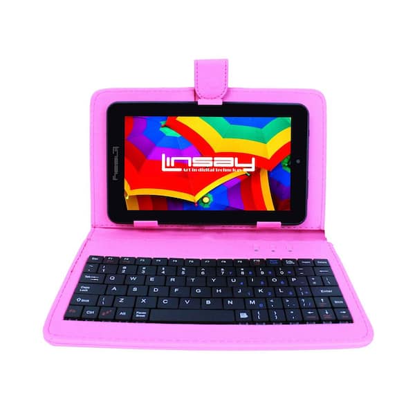 LINSAY 7 in. 64GB Android 13 Tablet with Pink Leather Keyboard