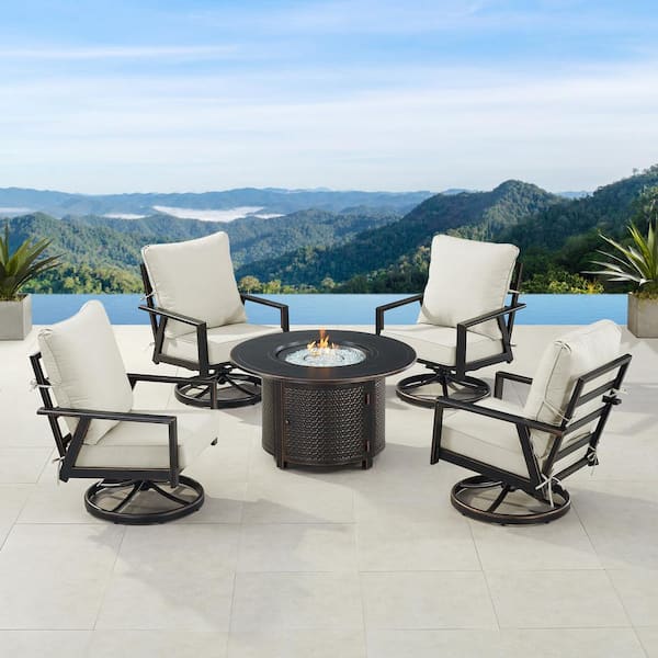 Oakland Living Black 7-Piece Aluminum Patio Fire Pit Set with 4-Club Chairs Light Grey Cushions