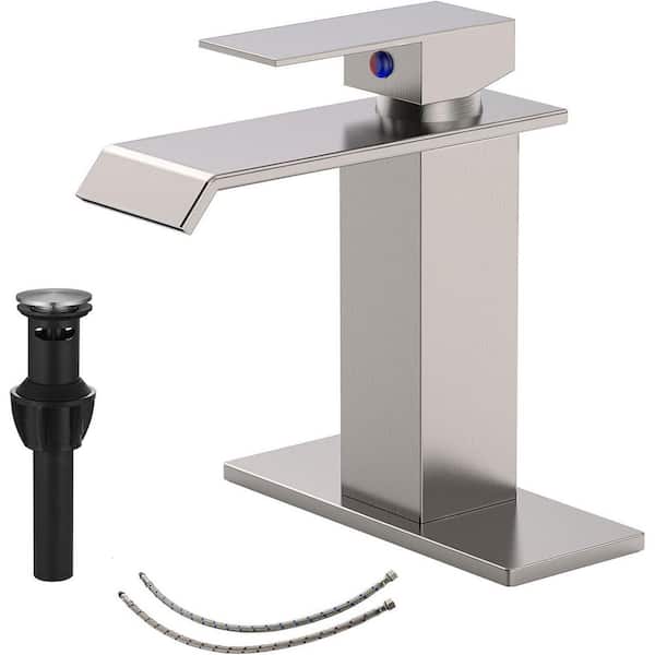 Single Handle Waterfall Spout Single Hole Bathroom Faucet with Deckplate Included and Drain in Brushed Nickel