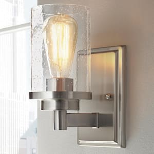 1-Light Brushed Nickel Wall Sconce with Clear Seeded Glass Shade