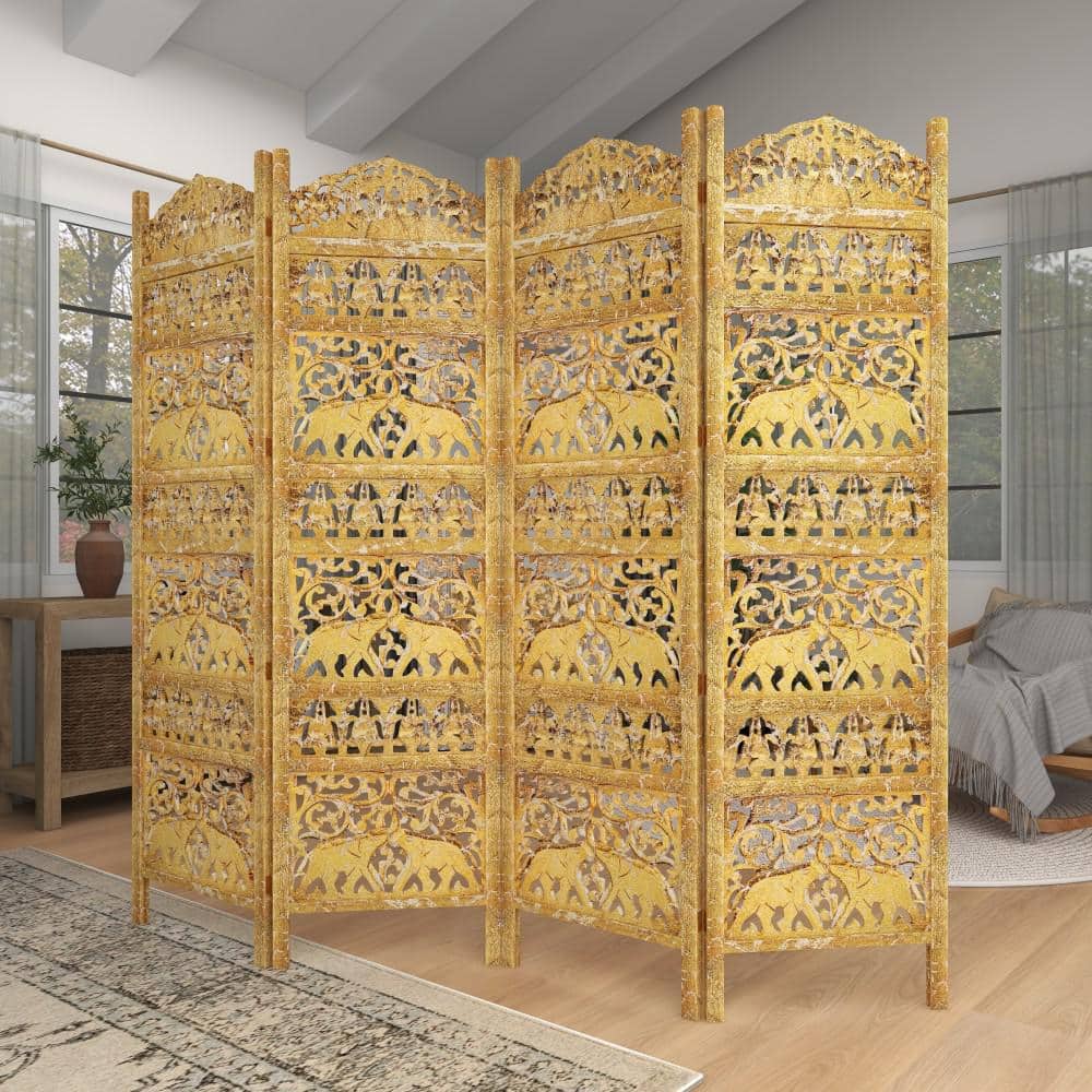 Gold Wooden Carved Elephant 4-Panel Folding Privacy Screen