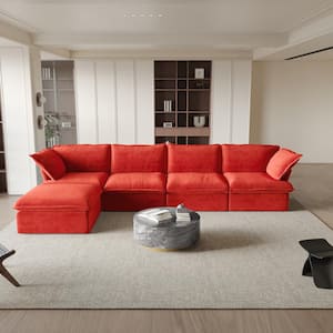 162.98 in. Flared Arm 5-Piece Linen Down-Filled Deep Seat Modular Free Combination Sectional Sofa with Ottoman in Red