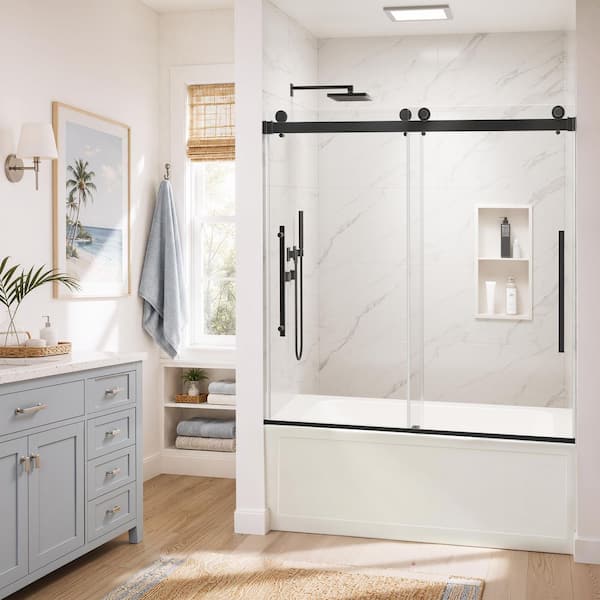56-60 in. W x 60 in. H Double Sliding Frameless Tub Shower Door in Mattlle Black with 5/16 in. Nano-Coated Glass