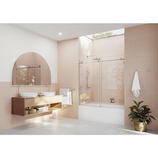 60 in. x 60 in. Frameless Bath Tub Sliding Shower Door in Brushed Nickel