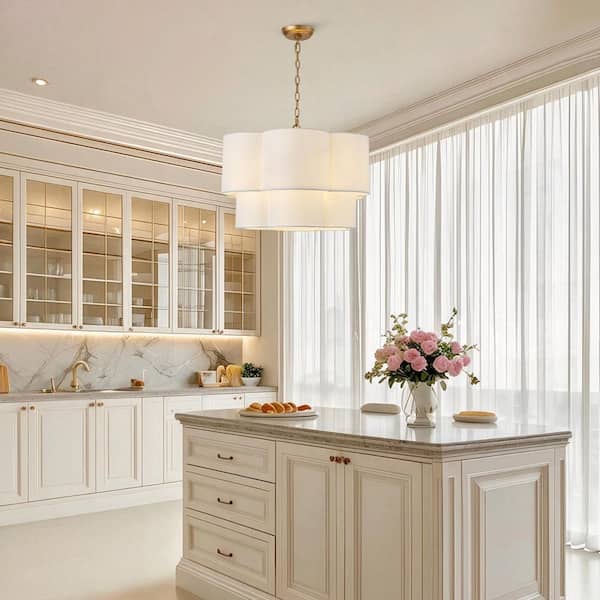 6-Light White Fabric Drum Chandelier, 2-Tier Scalloped Pendant Lighting Fixture for Dining Room Kitchen Island Foyer