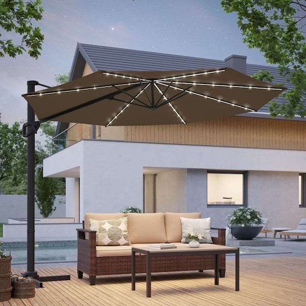 Sonkuki 10 ft. Solar-powered Cantilever Patio Umbrella with 360° Rotation and Canopy Angle Adjustment in Taupe