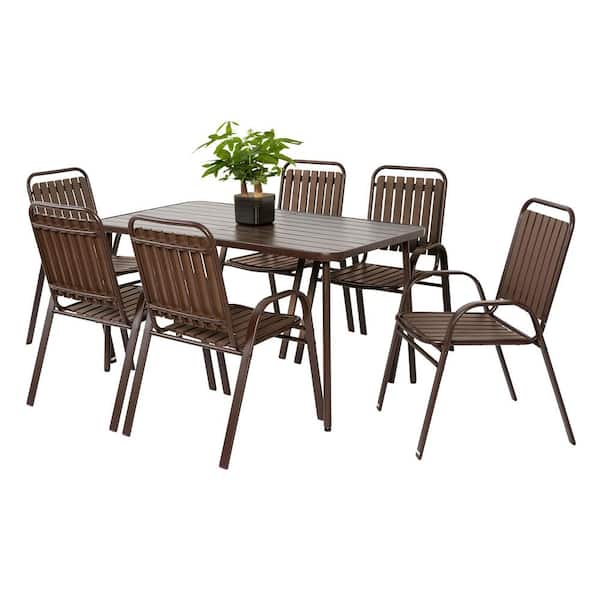 Brown 7-Piece Plastic Chair and Steel Rectangular Outdoor Dining Set