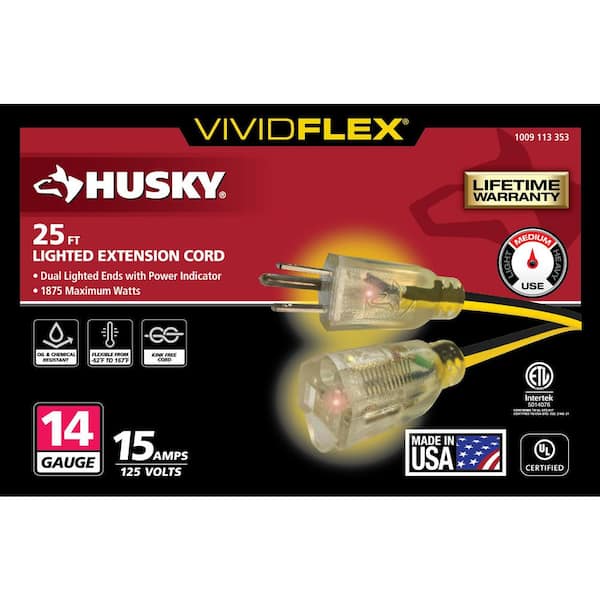 Husky VividFlex 25 ft. 14/3 Heavy Duty Indoor/Outdoor Extension Cord with  Lighted End, Yellow 23025HY - The Home Depot