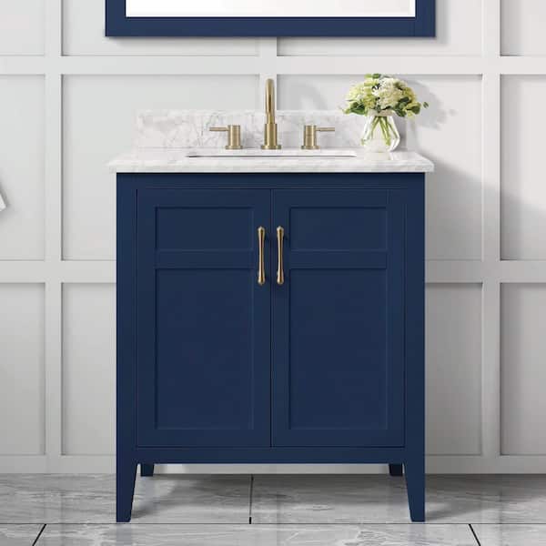 Sturgess 31 in. W x 22 in. D x 35 in. H Single Sink Freestanding Bath Vanity in Navy Blue with Carrara Marble Top