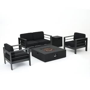 Cape Coral Grey 5-Piece Metal Patio Fire Pit Set with Dark Grey Cushions
