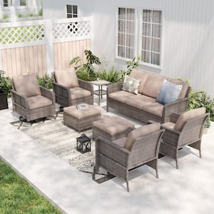 3-Pieces All-Weather Patio Conversation Couch with Ottoman Set Gray Wicker with Sand Cushion