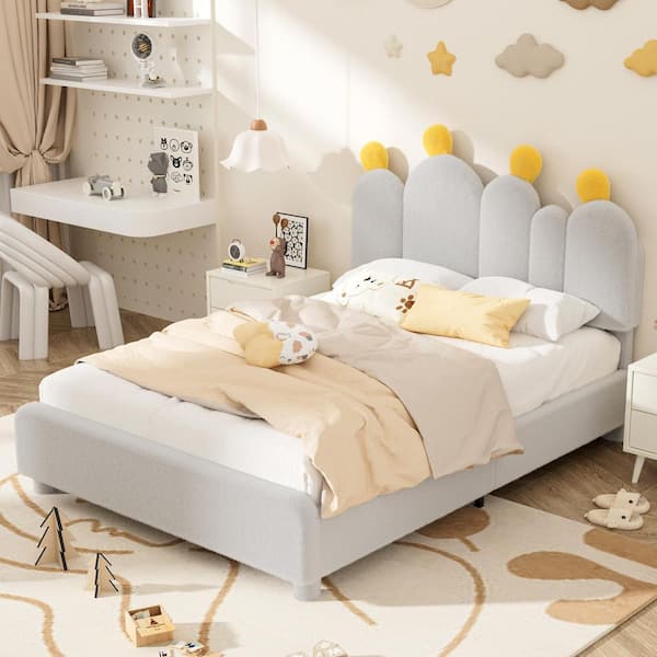 Full Size Gray Boucle Bed with Headboard, Kid Cactus Upholstered Platform Bed, Soft Rounded Corners, Solid Wood Slats