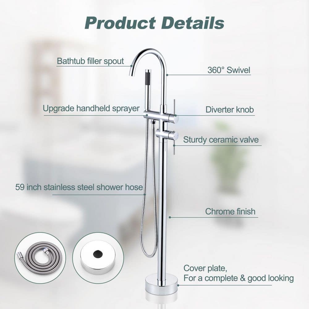 Chrome Double Handle Freestanding Tub Faucet with Handheld Shower