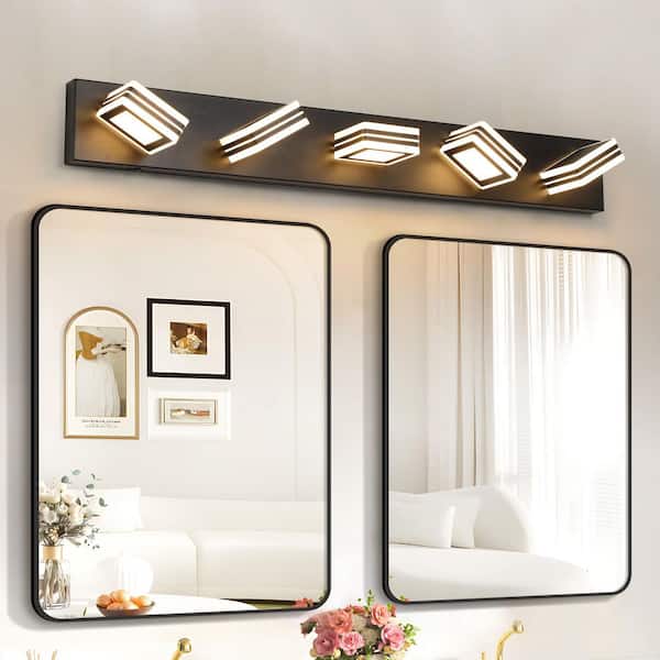 34 in. 5-light Modern Black Wall Bathroom Mirror LED Vanity Light Bar with Square Acrylic Lampshades