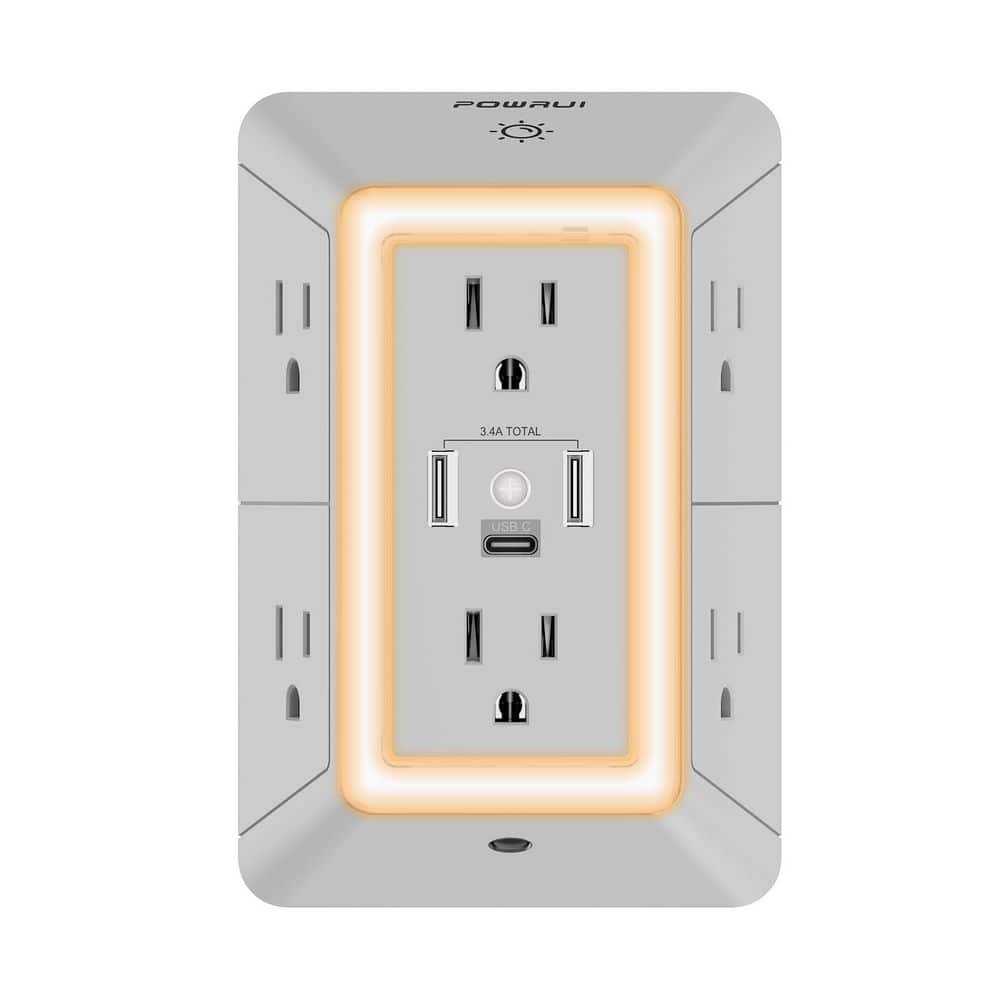 Grey 6-Outlet Extender Power Strip, 3-Sided Surge Protector Outlets with 3 USB Ports (1 USB C) and Night Light price history on PriceWatchPro