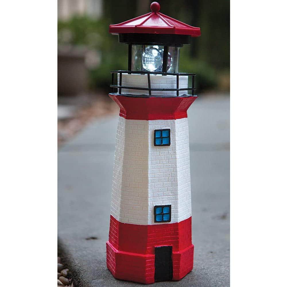 Red and White Solar Lighthouse Garden Statue with Rotating Lamp