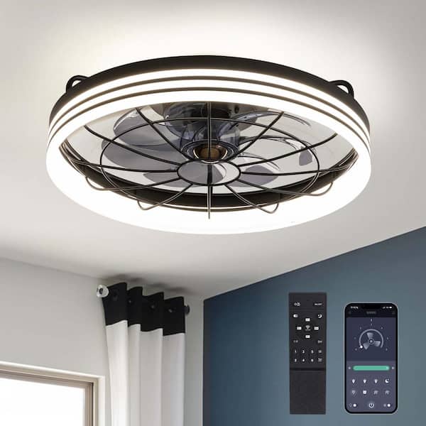 FANNEHONNE 19 in. Indoor Black Low Profile Ceiling Fan with Integrated LED Light Modern Farmhouse Flush Mount Ceiling Fan