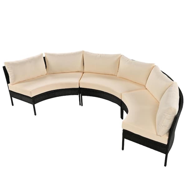 Sudzendf 3-Piece Curved Outdoor Conversation Set, All Weather Sectional Sofa with Beige Cushions