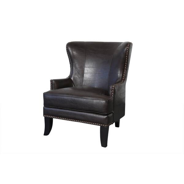 PORTER DESIGNS Grant Espresso High Back Wingback Crackle Leather Accent Chair with Nailhead Accents