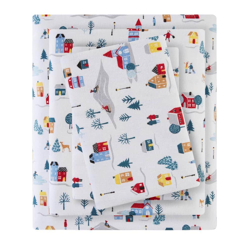 Twin XL White Village Print Cotton Flannel Sheet Set