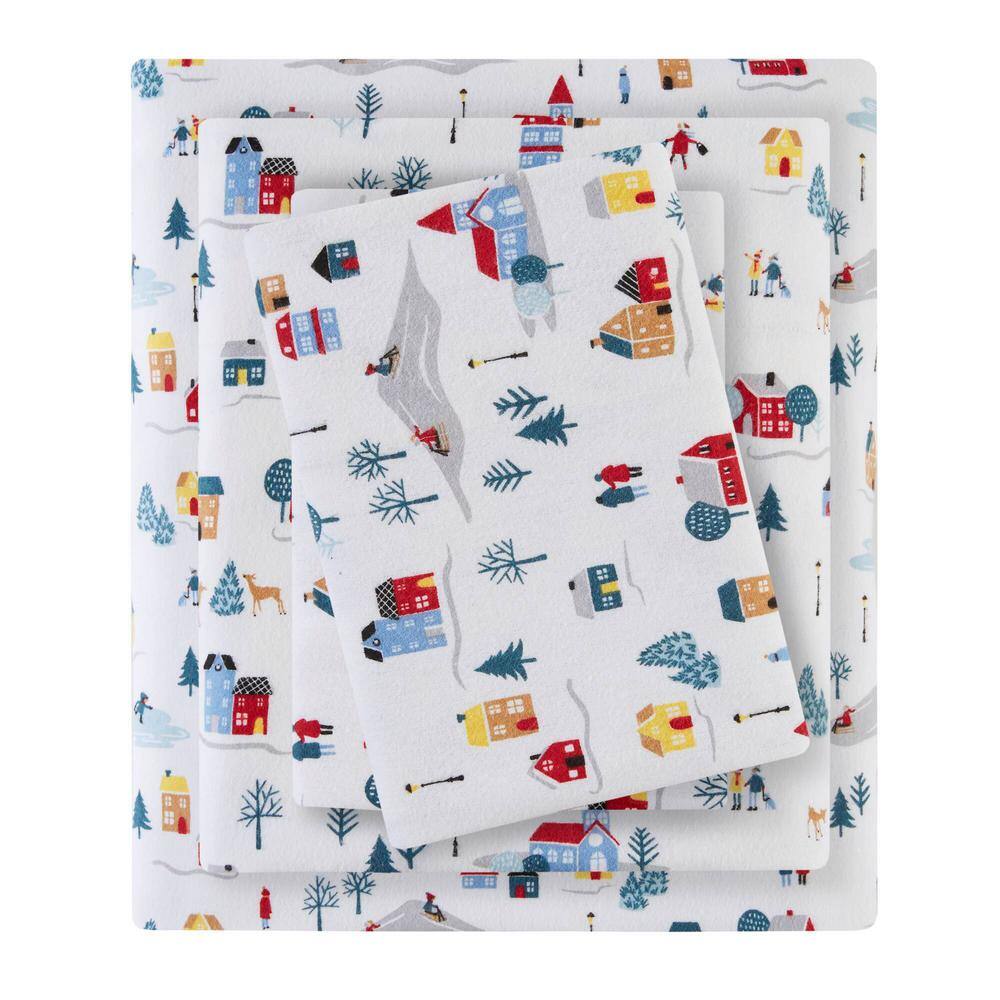 Full Size White Cotton Flannel Sheet Set with Village Print