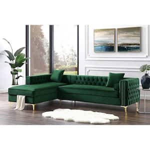 Olivia Hunter Green/Silver/Gold Velvet 4-Seater L-Shaped Left-Facing Sectional Sofa with Nailheads