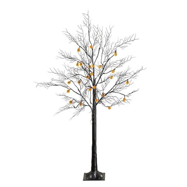 4ft. Pre-Lit Artificial Halloween Black Twig Tree with 24 Orange LED Pumpkin Shaped Lights