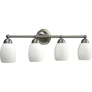 Sussex 4-Light Indoor Brushed Nickel Bath or Vanity Light Wall Mount Sconce with Etched White Cased Glass Bell Shades