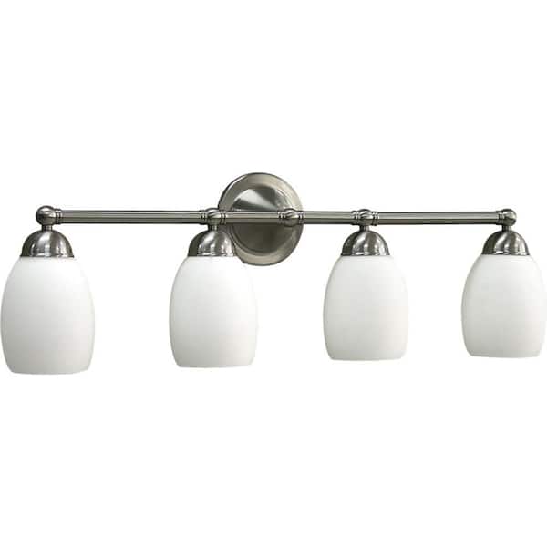 Volume Lighting Sussex 4-Light Indoor Brushed Nickel Bath or Vanity Light Wall Mount Sconce with Etched White Cased Glass Bell Shades