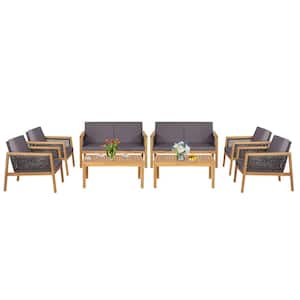 8PCS Patio Conversation Acacia Wood Furniture Set PE Rattan Conversation Set w/Grey Cushions