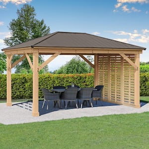 Meridian 12 ft. x 16 ft. Premium Cedar Outdoor Patio Shade Gazebo with a 12 ft. Privacy Wall and Brown Aluminum Roof