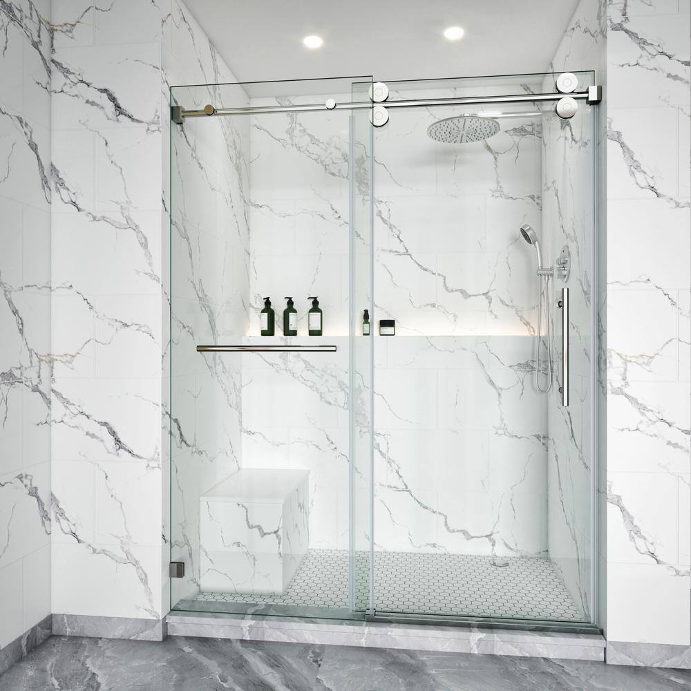 56-60 in. W x 76 in. H Single Sliding Frameless Shower Door Chrome 3/8 in. Clear Glass with Towel Bar price history on PriceWatchPro
