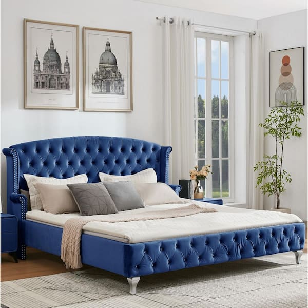 Zyrah Glam Navy Blue Velvet Upholstery Wood Frame King Platform Bed with Diamond Button-Tufted Wingback Headboard