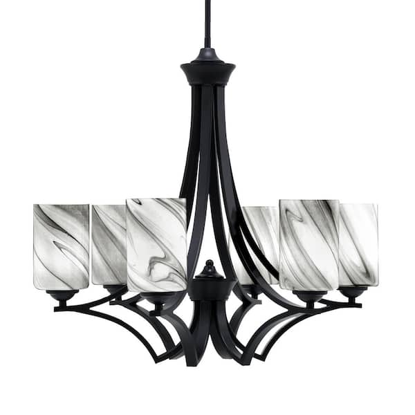 Unbranded Clevelend 6-Light Matte Black Round Chandelier with 4 in. Onyx Swirl Glass Shades, No bulbs included