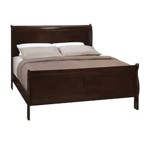 Brown Wooden Frame Queen Platform Bed with Curved Headboard