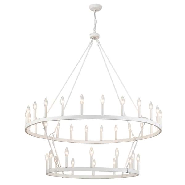 47.24 in. 36-Light Vintage White Farmhouse Wagon Wheel Chandelier 2 Tier Large Round Industrial Pendant Light