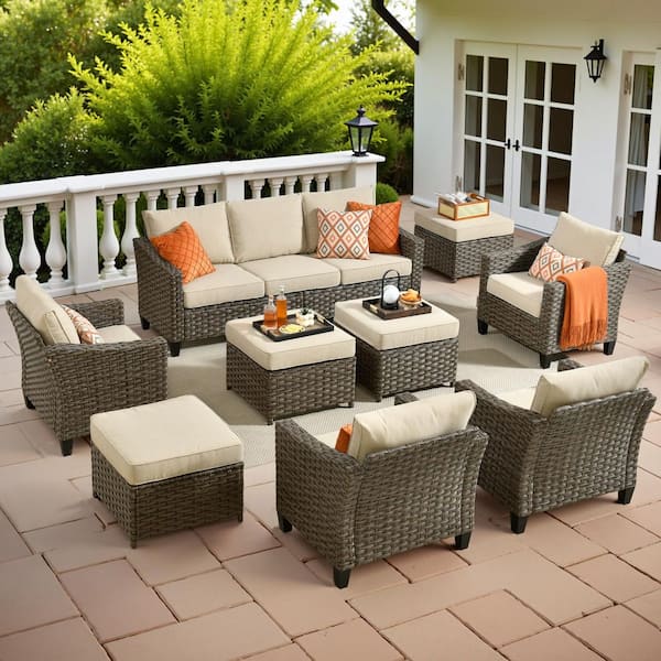 Naturno Gray 9-Piece Wicker Patio Conversation Set with Beige Cushions