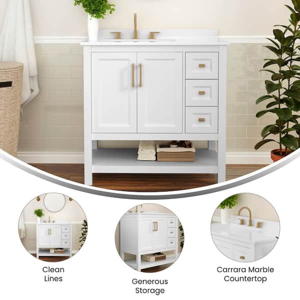 Vega 36 in. Bathroom Vanity with Sink Storage Cabinet Open Shelf, 3 Drawers Carrara Marble Finish Countertop White/Gold
