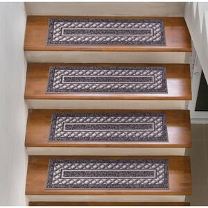 Ottohome Collection Non-Slip Rubberback Modern Bordered Design 8.5 in. x 26 in. Indoor Stair Treads, 7 Pack, Black