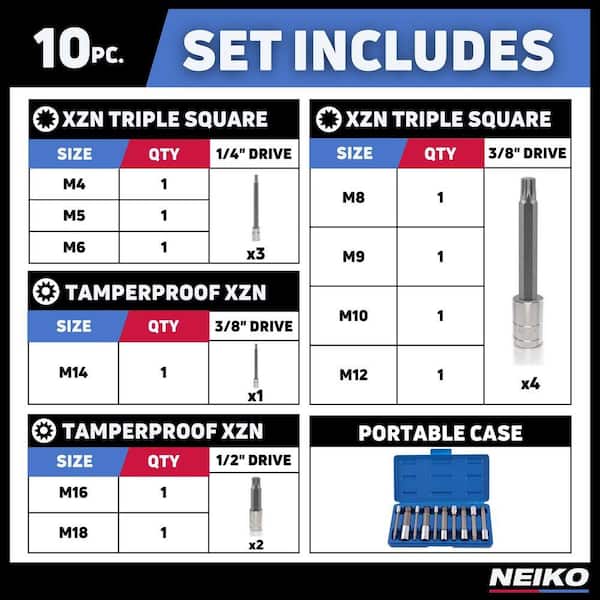 NEIKO XZN Metric Triple Square Spline Bit Socket Set (10-Piece