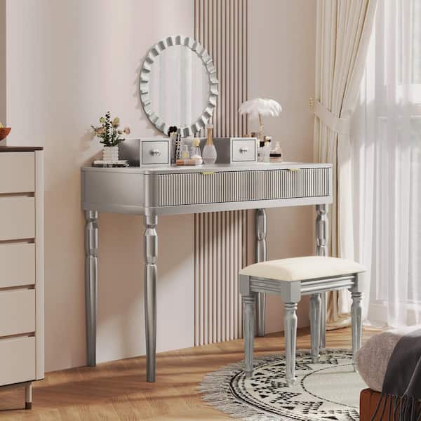 Silver 39.4 in. W Makeup Vanity with Round Mirror and Height-Adjustable, Dresser with 4 Drawers and Stool