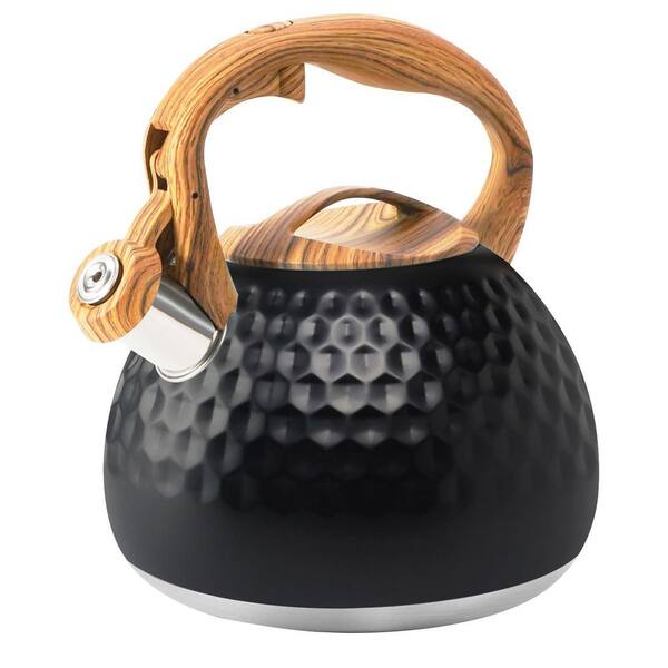 3.2 Qt Stainless Steel Whistling Stovetop Tea Kettle with Wood Pattern Handle for Gas and Electric Stoves, Black