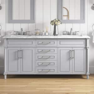 Aberdeen 72 in. Double Sink Dove Gray Bath Vanity with Carrara Marble Top (Assembled)