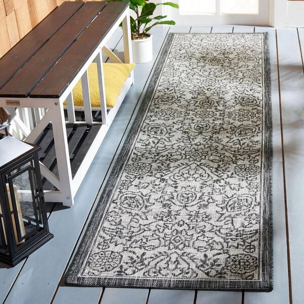 Courtyard Gray/Black 2 ft. x 9 ft. Floral Ornate Abstract Indoor/Outdoor Runner Rug