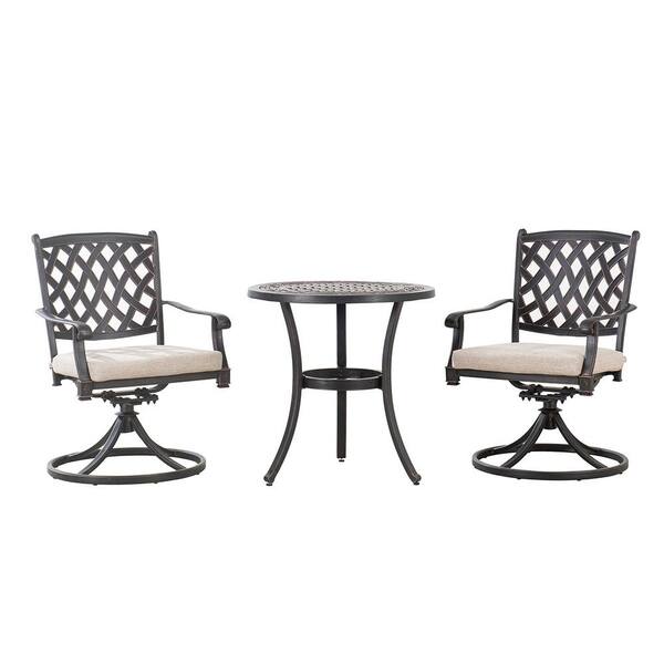 Sunjoy Cahill Black 3-Piece Aluminum Outdoor Bistro Set with Beige Cushion