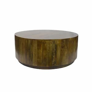Valerie 42 in. Elm/Gold Round Wood Coffee Table with Solid Wood