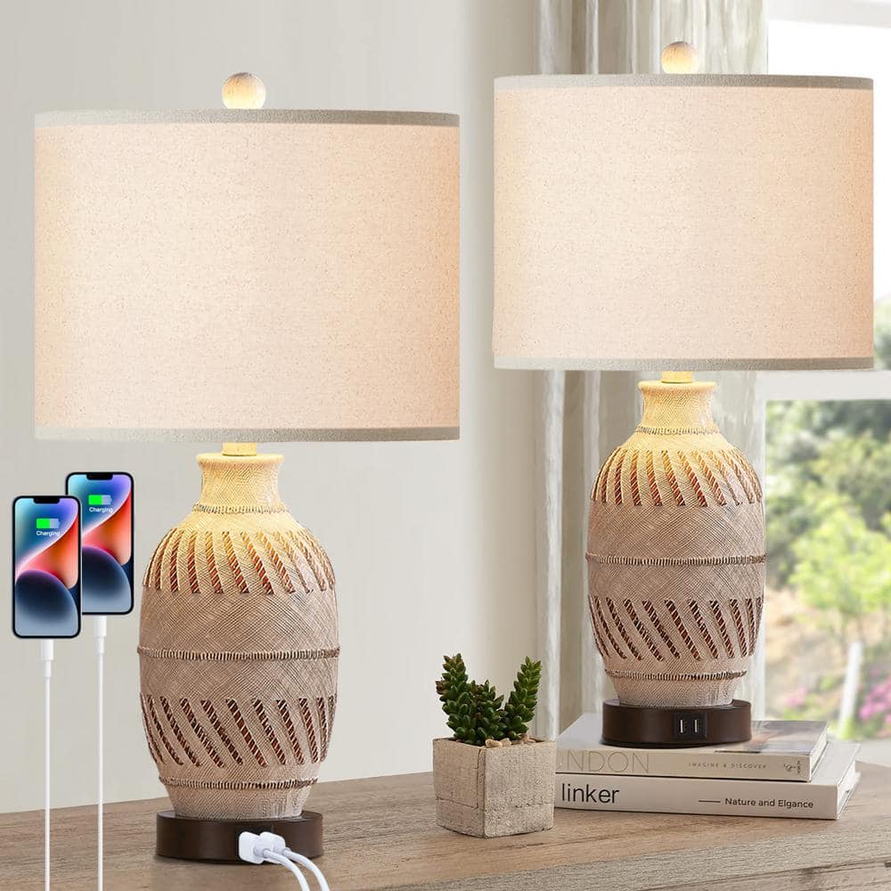 Cinkeda 23 In. Beige Resin Table Lamp Set With Linen Shade And 2 Usb 