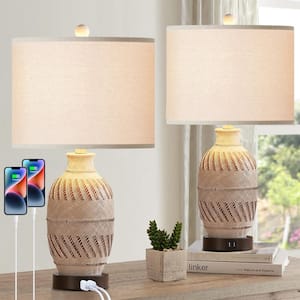 23 in. Beige Resin Table Lamp Set with Linen Shade and 2 USB Ports (Set of 2)