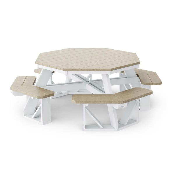 Heritage 87 in. Weathered Wood and White Octagon HDPE Plastic Picnic Table Seats 8 People